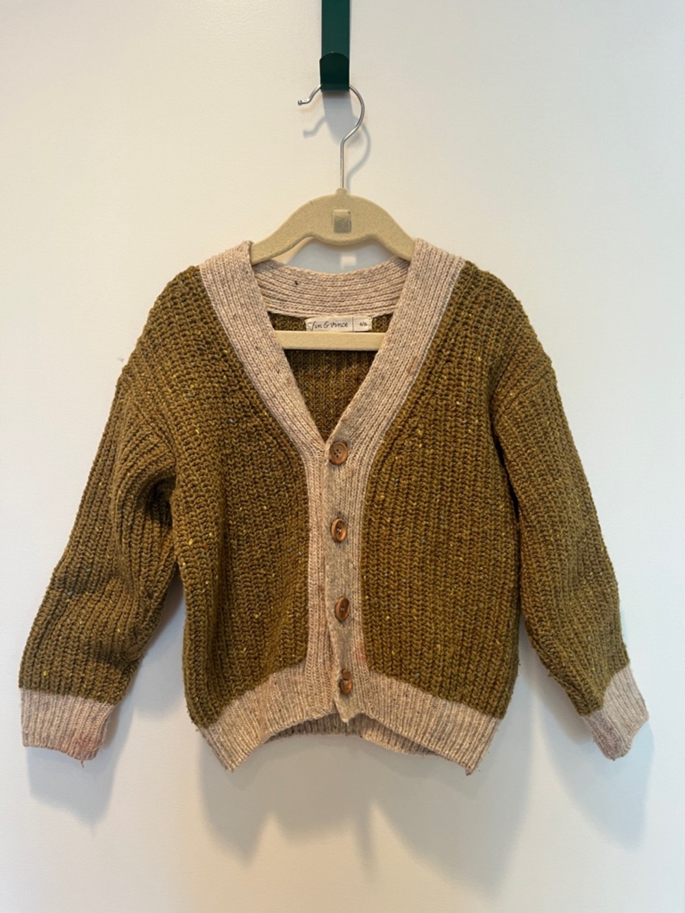 Kids Olive Green & Cream Button-Up Cardigan Sweater